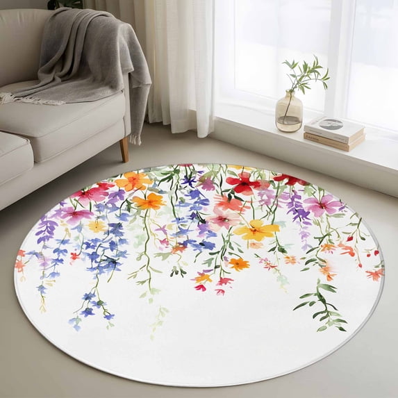 Area Rug 48in, Spring Colorful Flower on White Floor Carpet Living Room Rug, Watercolor Swirling Leaf Non-Slip Welcome Mat Indoor Rugs for Bedroom Dining Room