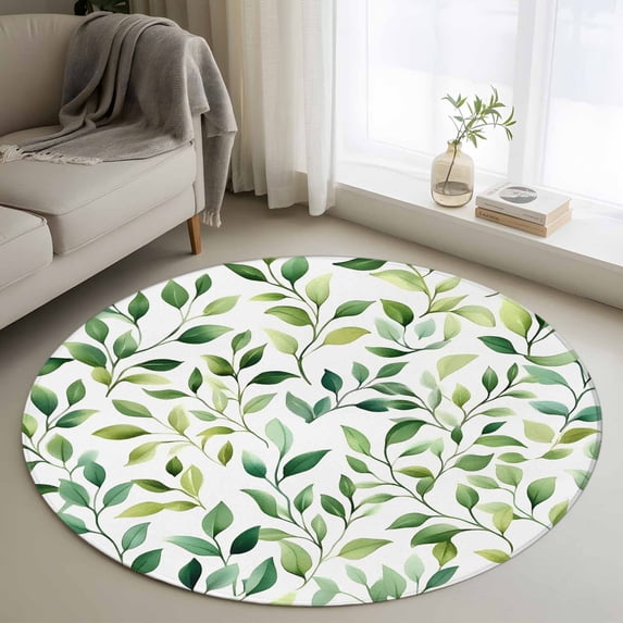 Area Rug 48in, Spring Gradient Green Eucalyptus Floor Carpet Living Room Rug, Country Watercolor Leaves Non-Slip Welcome Mat Indoor Rugs for Bedroom Dining Room
