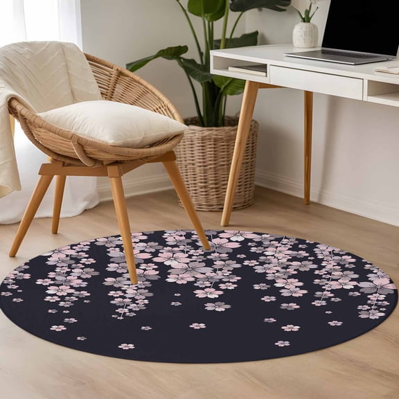 Area Rug 48in, Spring Pink Cherry Blossoms Flower Floor Carpet Living Room Rug, Blossom Floral on Black Non-Slip Welcome Mat Indoor Rugs for Bedroom Dining Room