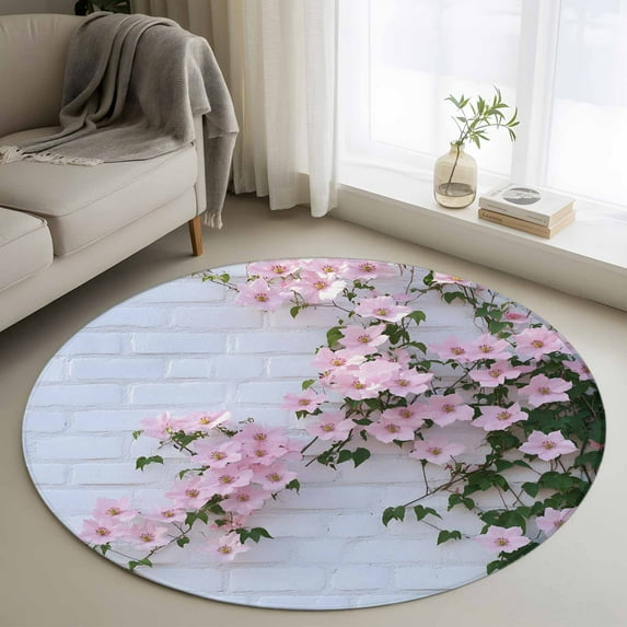 Area Rug 48in, Spring Pink Flower Green Leaf Floor Carpet Living Room ...