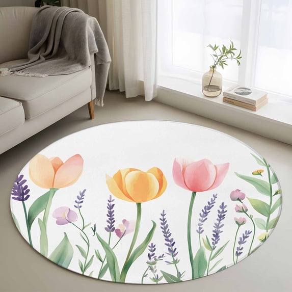 Area Rug 48in, Spring Tulip Flower Lavender Plant Floor Carpet Living Room Rug, Watercolor Leaves on White Non-Slip Welcome Mat Indoor Rugs for Bedroom Dining Room