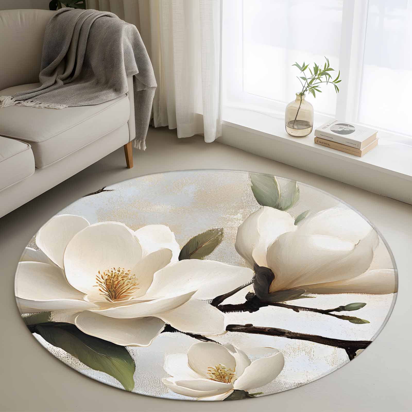 Area Rug 48in, Spring Tulip White Floral on Branch Floor Carpet Living ...