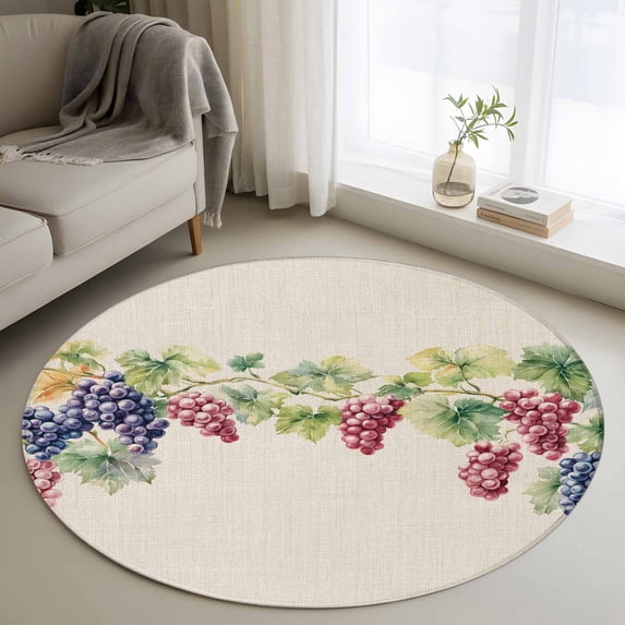 Area Rug 48in, Spring Watercolor Grape Leaves Floor Carpet Living Room Rug, Country Vine Retro Linen Non-Slip Welcome Mat Indoor Rugs for Bedroom Dining Room