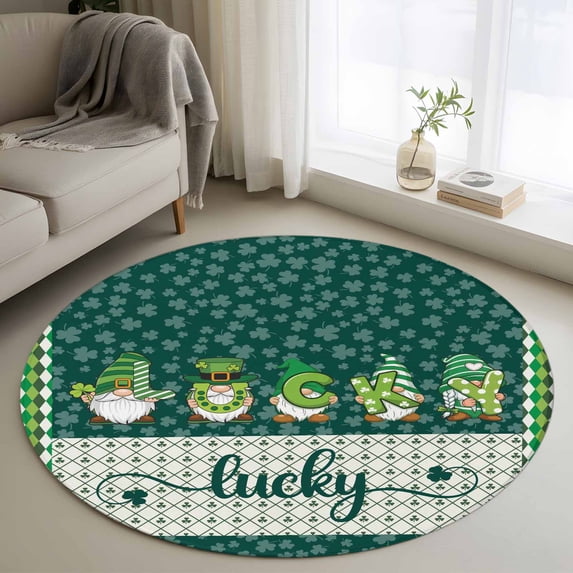 Area Rug 48in, St Patrick Gnome and Clovers Leaves Floor Carpet Living Room Rug, Lucky Quote on Green Checker Non-Slip Welcome Mat Indoor Rugs for Bedroom Dining Room