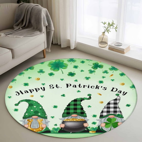 Area Rug 48in, St. Patrick's Day Gnome Pot of Gold Horseshoe Floor Carpet Living Room Rug, Green Lucky Leaf Non-Slip Welcome Mat Indoor Rugs for Bedroom Dining Room