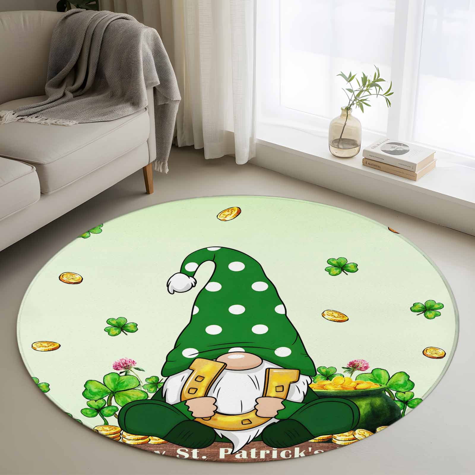 Area Rug 48in, St. Patrick's Day Irish Gnome Clovers Leaves Gold Coin ...