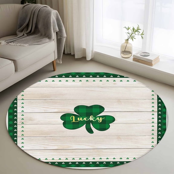 Area Rug 48in, St Patrick's Day Three-Leaf Clovers Floor Carpet Living Room Rug, Farm Wooden Plank Checker Non-Slip Welcome Mat Indoor Rugs for Bedroom Dining Room