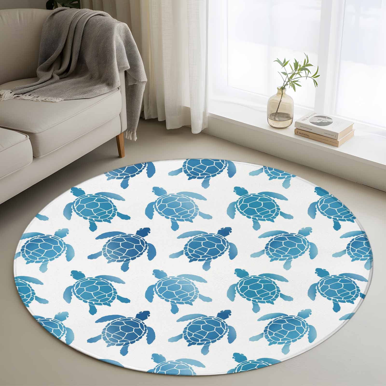 Blue Turtle Rug Area Rug 48in, Summer Blue Sea Turtle Floor Carpet Living Room Rug ...