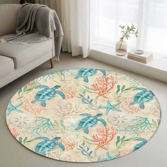 Area Rug 48in, Summer Blue Sea Turtle Starfish on Retro Letter Floor Carpet Living Room Rug, Shell Seaweed Non-Slip Welcome Mat Indoor Rugs for Bedroom Dining Room