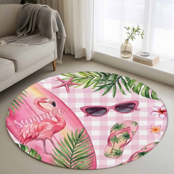 Area Rug 48in, Summer Flamingo Surfboard Slipper Floor Carpet Living Room Rug, Beach Theme Pink Plaid Non-Slip Welcome Mat Indoor Rugs for Bedroom Dining Room