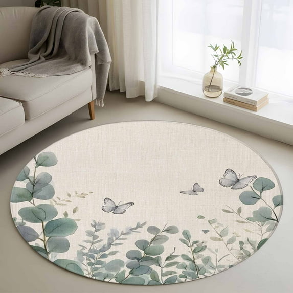 Area Rug 48in, Summer Green Eucalyptus Leaf Floor Carpet Living Room Rug, Farmhouse Cute Butterfly Non-Slip Welcome Mat Indoor Rugs for Bedroom Dining Room