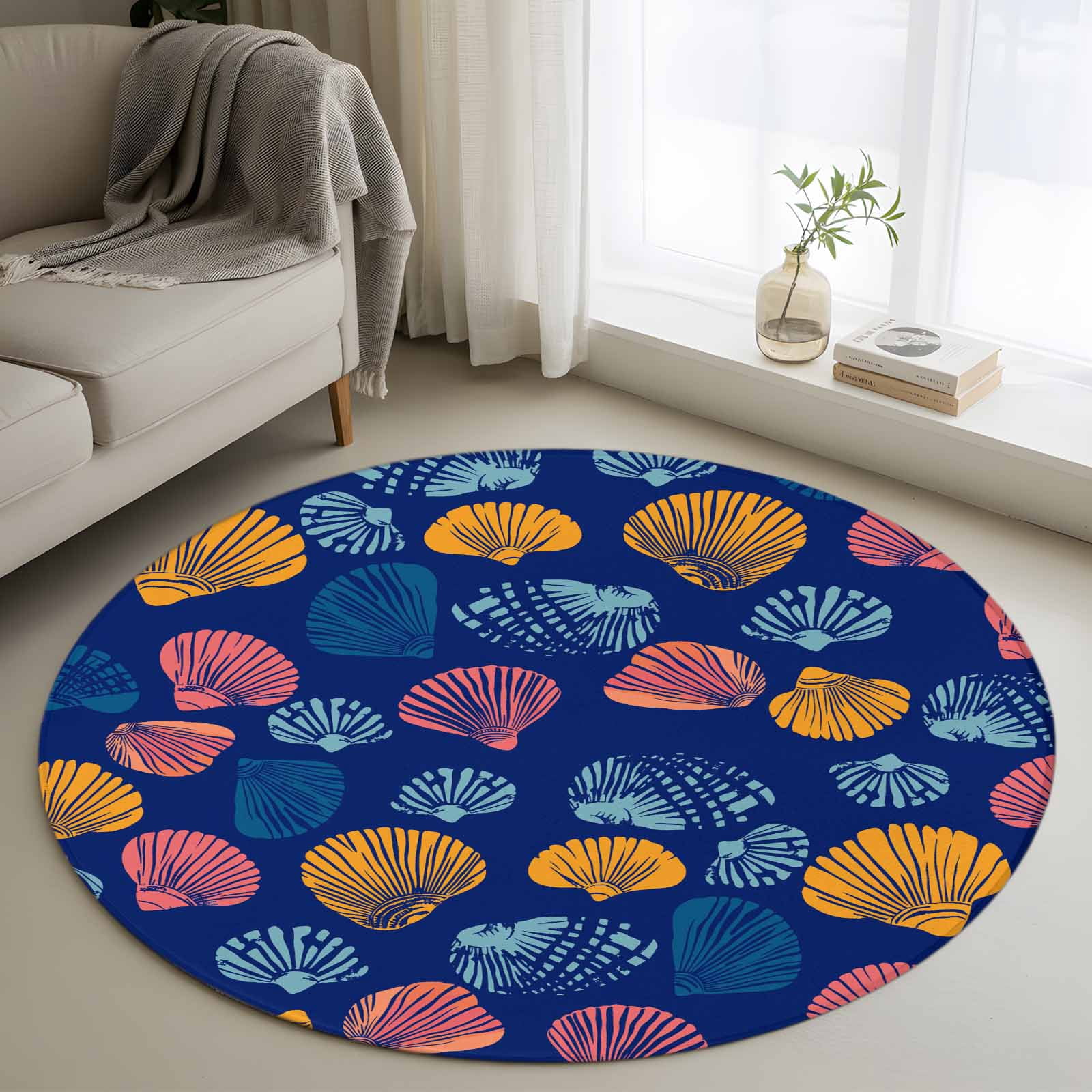 Area Rug 48in, Summer Nautical Colorful Shell Floor Carpet Living Room ...