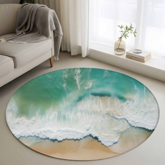 Area Rug 48in, Summer Ocean Beach Seaside Floor Carpet Living Room Rug, Sea Wave Ombre Seashore Non-Slip Welcome Mat Indoor Rugs for Bedroom Dining Room