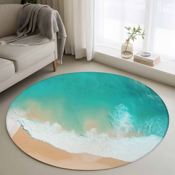 Area Rug 48in, Summer Seaside Beach Wave Floor Carpet Living Room Rug, Ocean Teal Sea Non-Slip Welcome Mat Indoor Rugs for Bedroom Dining Room