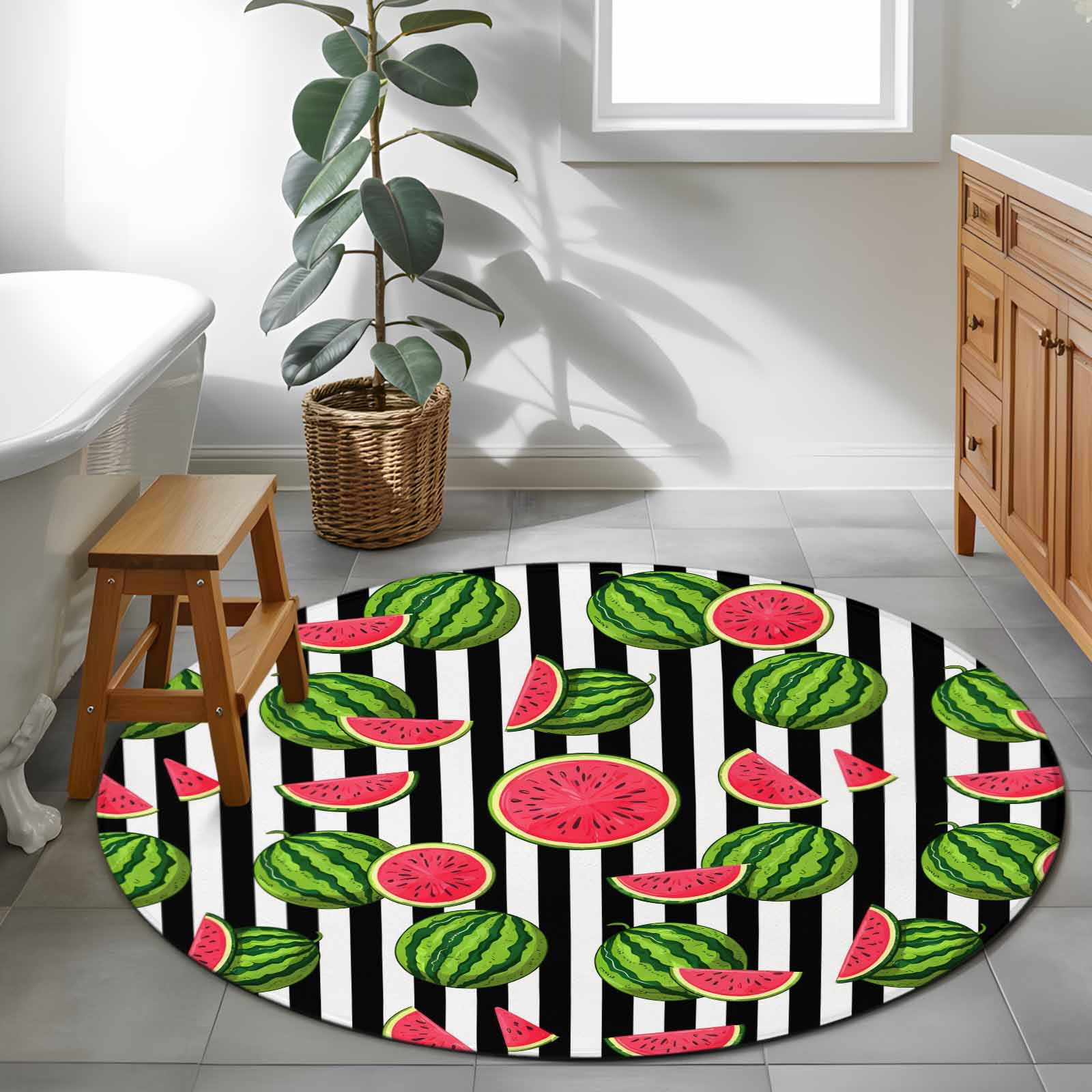 Area Rug 48in, Summer Watermelon Black and White Stripes Floor Carpet ...