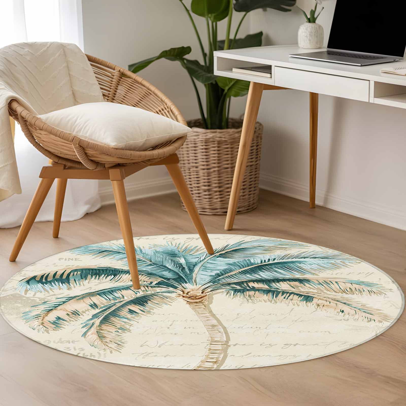 Area Rug 48in, Tropical Watercolor Coconut Tree Floor Carpet Living ...