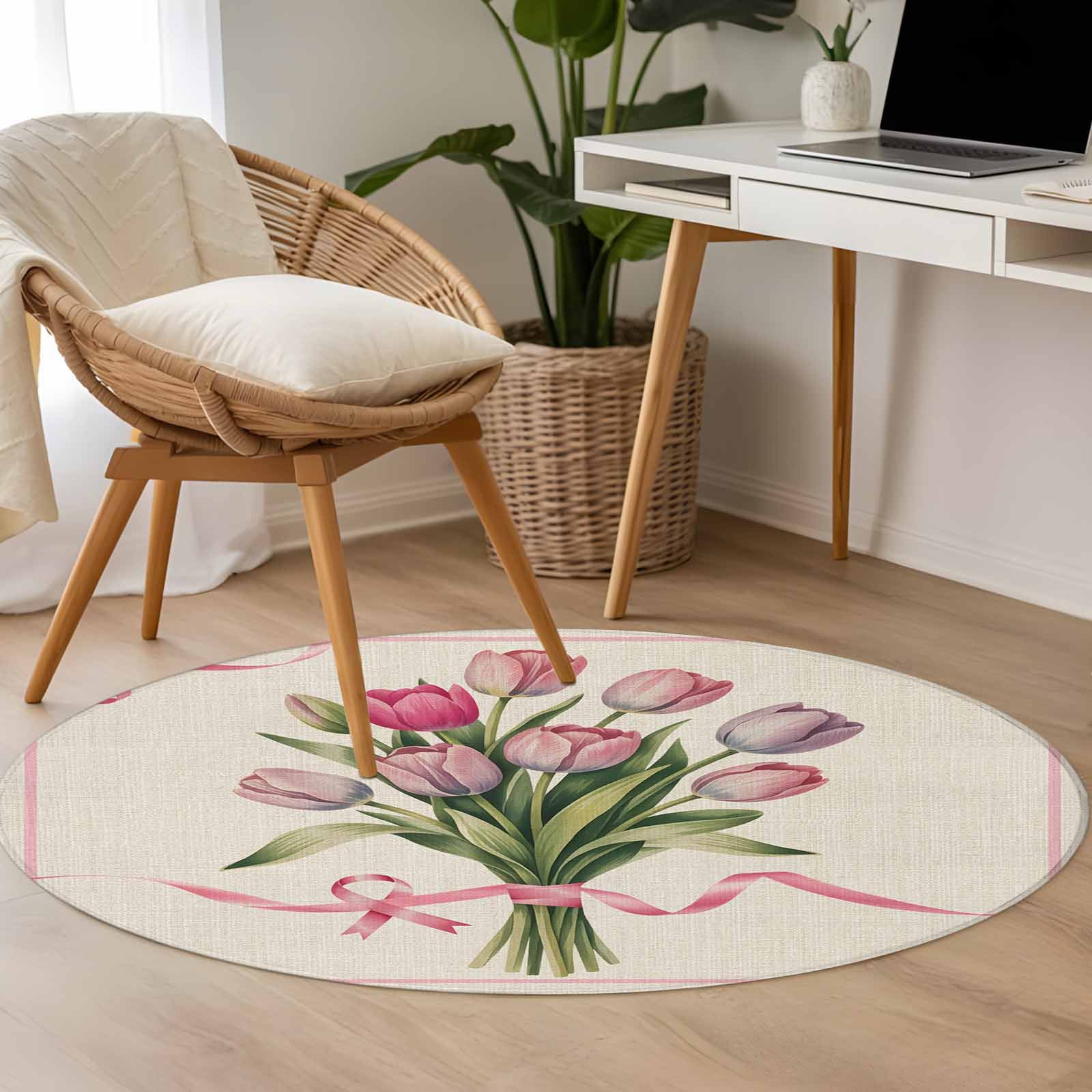 Area Rug 48in, Valentine's Day Retro Tulips Floor Carpet Living Room ...