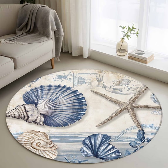 Area Rug 48in, Vintage Ocean Starfish Blue Shell Floor Carpet Living Room Rug, Nautical Underwater Non-Slip Welcome Mat Indoor Rugs for Bedroom Dining Room