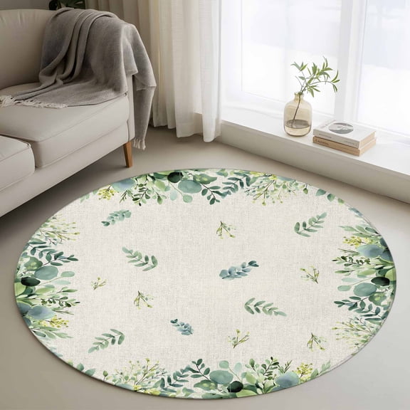 Area Rug 48in, Vintage Pastoral Plants Floor Carpet Living Room Rug, Green Botanical Eucalyptus Leaves Non-Slip Welcome Mat Indoor Rugs for Bedroom Dining Room
