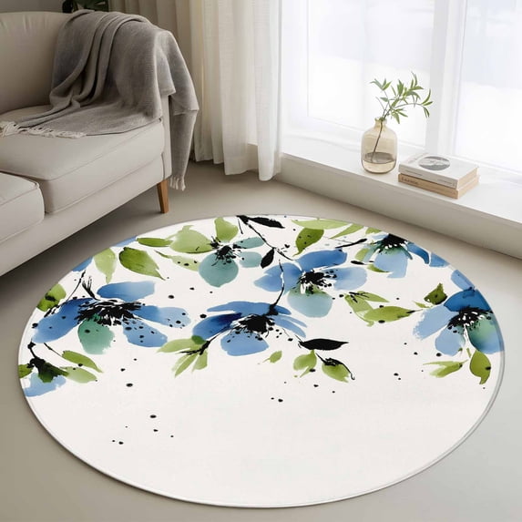 Area Rug 48in, Watercolor Blue Flowers Green Leaves Floor Carpet Living Room Rug, Spring Botantical Non-Slip Welcome Mat Indoor Rugs for Bedroom Dining Room