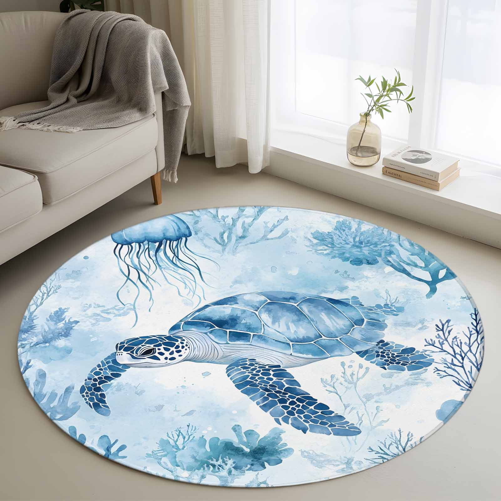 Blue Turtle Rug Area Rug 48in, Watercolor Blue Marine Sea Turtle Floor Carpet Living ...