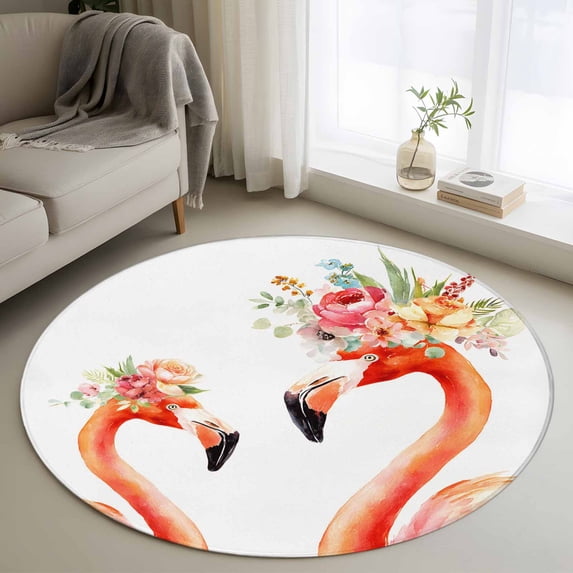 Area Rug 48in, Watercolor Flaming Birds Flowers Floor Carpet Living Room Rug, Floral Art Non-Slip Welcome Mat Indoor Rugs for Bedroom Dining Room
