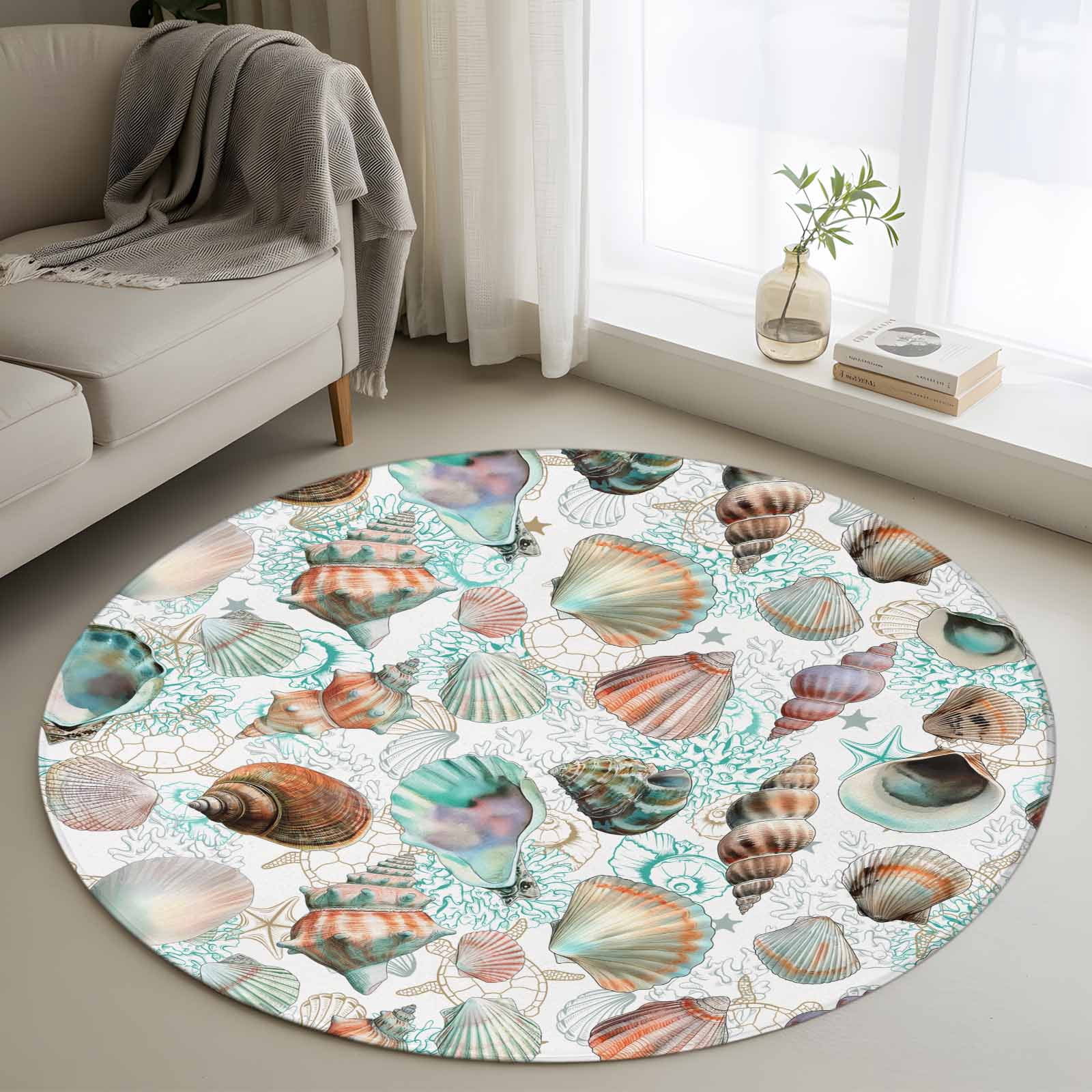 Area Rug 48in, Watercolor Marine Sea Conch Shell Floor Carpet Living ...