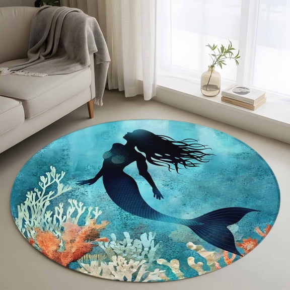 Area Rug 48in, Watercolor Mermaid Silhouette Coral Floor Carpet Living Room Rug, Undersea World Non-Slip Welcome Mat Indoor Rugs for Bedroom Dining Room