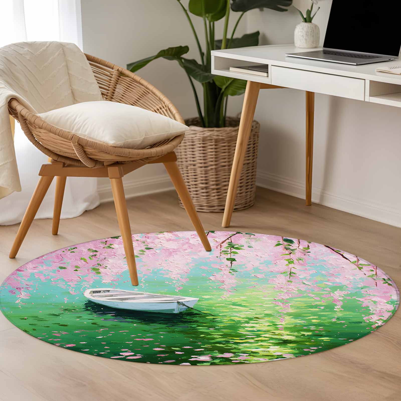 Area Rug 48in, Watercolor Pink Flower Leaves Small Boat Floor Carpet ...