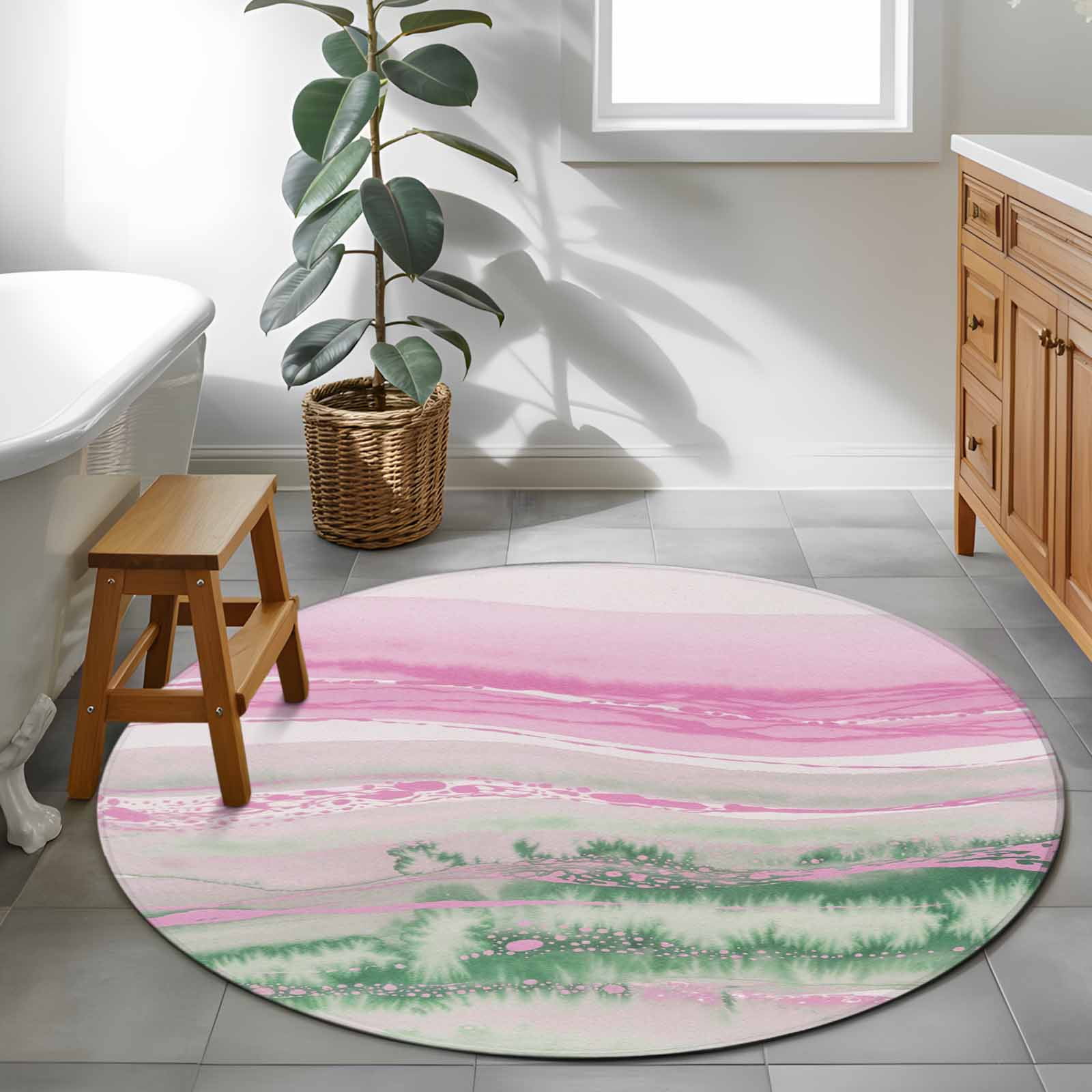 Area Rug 48in, Watercolor Pink Green Fluid Theme Floor Carpet Living ...