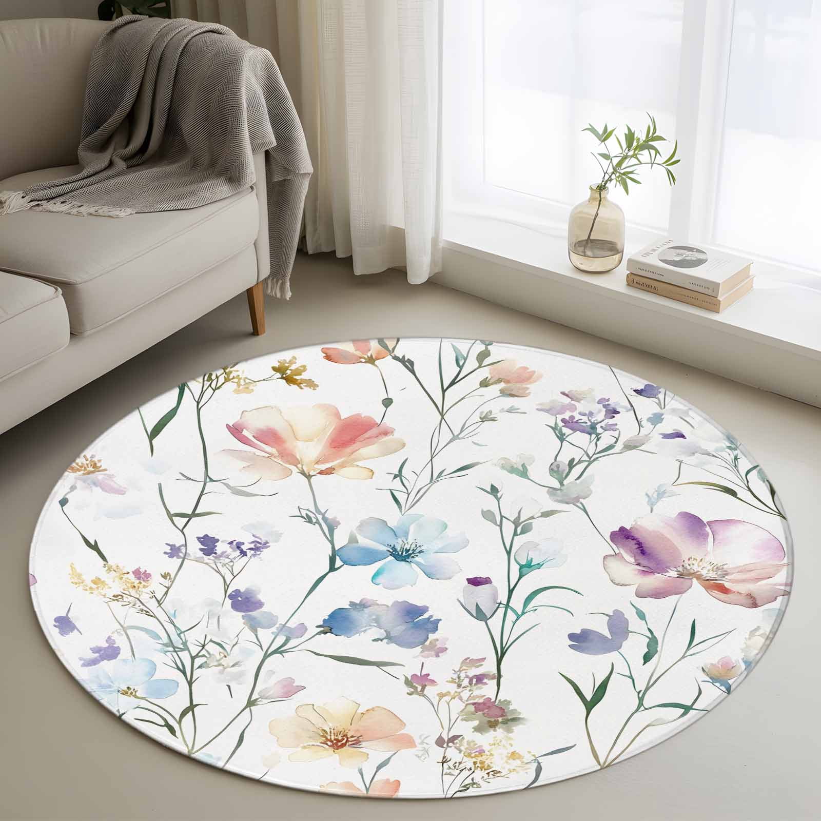 Area Rug 48in, Watercolor Spring Flower Plant Floor Carpet Living Room ...