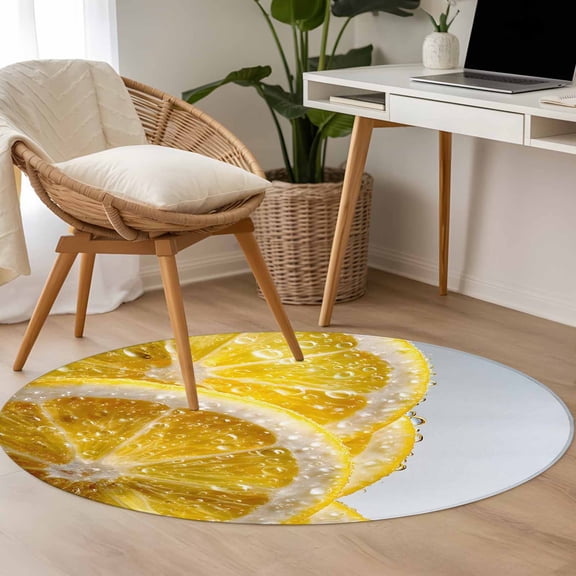 Area Rug 48in, Watercolor Yellow Lemon Slices Floor Carpet Living Room Rug, Summer Fruit Non-Slip Welcome Mat Indoor Rugs for Bedroom Dining Room