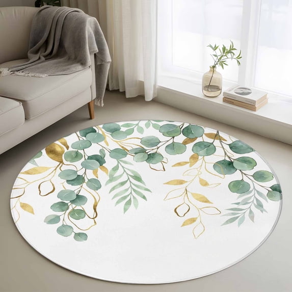 Area Rug 48in, Watercolors Yellow Green Yugal Leaves Floor Carpet Living Room Rug, Spring Summer Plant Non-Slip Welcome Mat Indoor Rugs for Bedroom Dining Room
