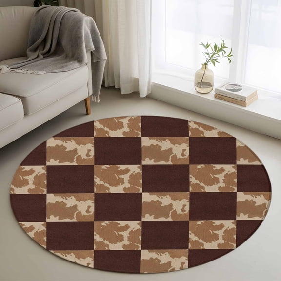 Area Rug 48in, Western Cowboy Style Plaid Floor Carpet Living Room Rug, Retro Geometric Check Non-Slip Welcome Mat Indoor Rugs for Bedroom Dining Room