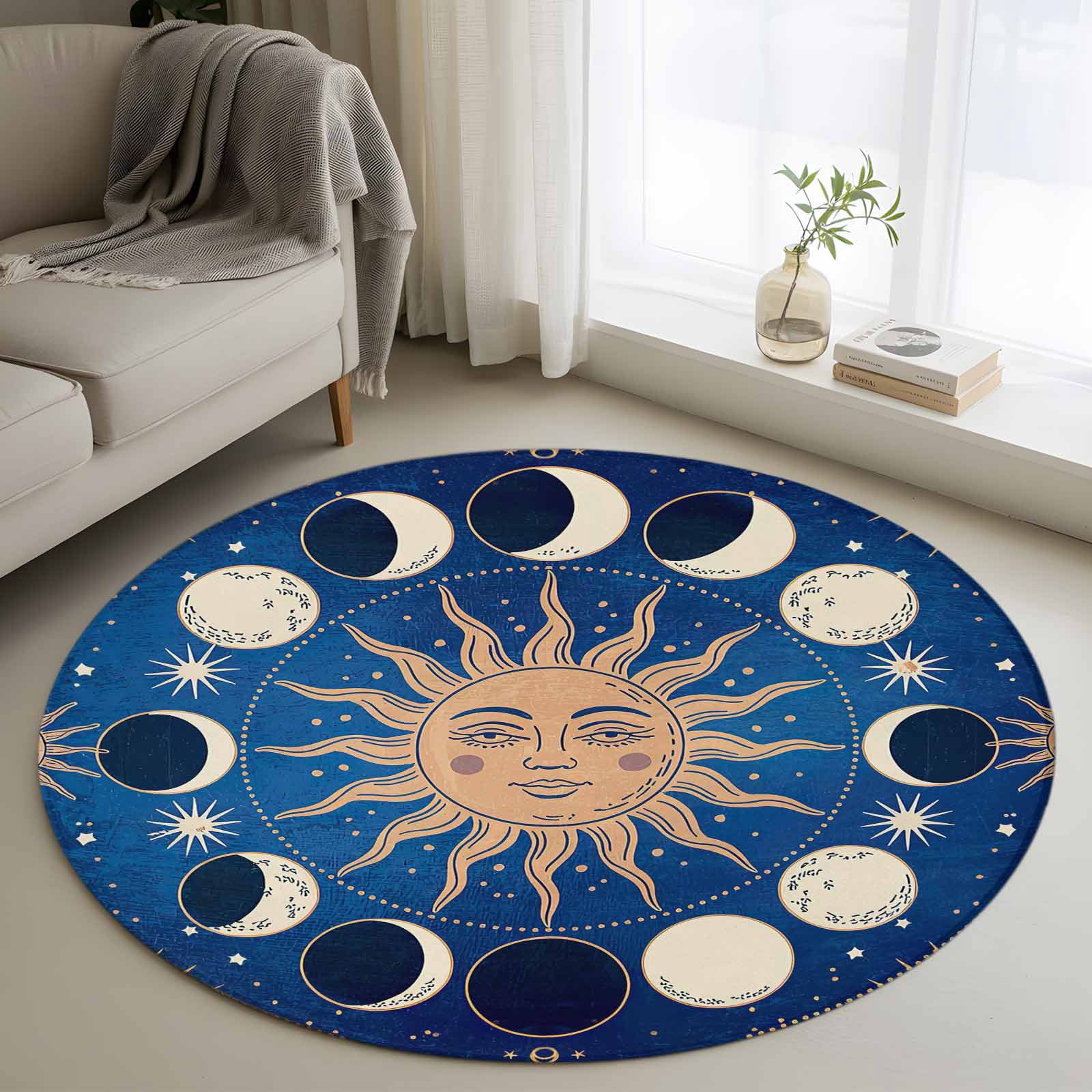 Universe Rug Area Rug 48in, White Moon Sun Blue Background Floor Carpet Living Room ...