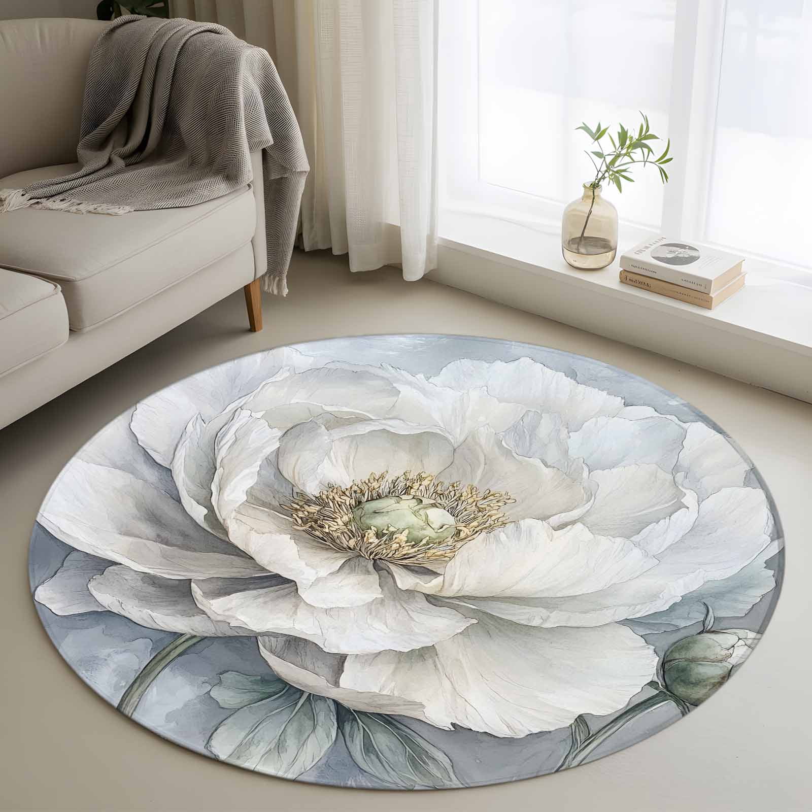 Area Rug 48in, White Peony Spring Floral Still Life Floor Carpet Living ...