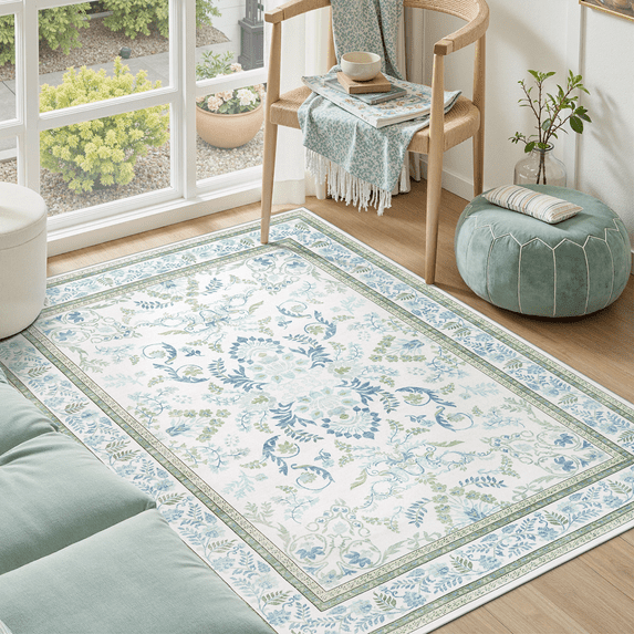 Area Rug 4x6 Botanical Floral Washable Rugs Soft Non Slip Low Pile Stain Resistant Carpet for Bedroom Kitchen Entryway -Green