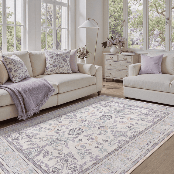 4x6 Washable Rug, Non-Slip, Stain-Resistant Low-Pile Vintage Floral Rug for Dining Room, Living Room, Bedroom, -Purple