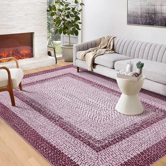 Area Rug 4x6 Entryway Rugs Washable Rug Modern Braided Print Rugs for Living Room Aesthetic Bedroom Carpet Non-Slip Non-Shedding Floor Mat Low Pile Farmhouse Home Office Foldable Thin Mat Pink