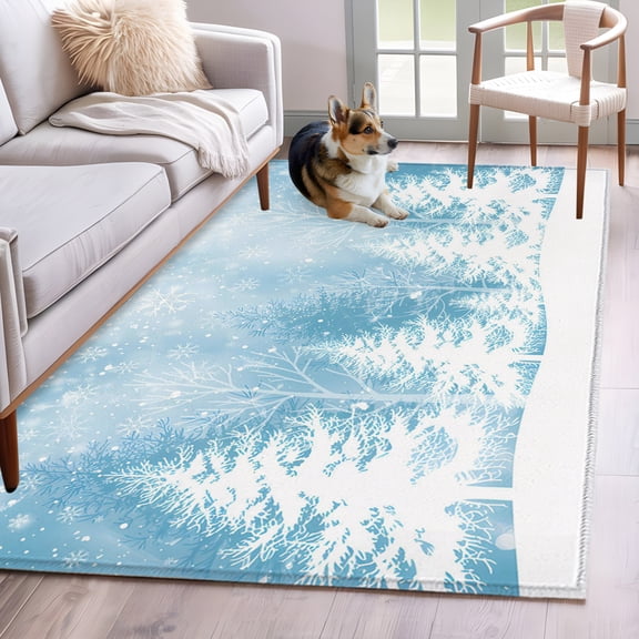 Area Rug 4x6 Ft, Blue Christmas Non Slip Area Rugs for Bedroom, Winter White Xmas Pine Tree Snow Scene Washable Low Pile Indoor Throw Carpet for Home Office Study Room Dining Room Nursery