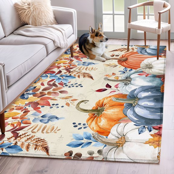 Area Rug 4x6 Ft, Blue Pumpkin Non Slip Area Rugs for Bedroom, Thanksgiving Eucalyptus Fall Maple Washable Low Pile Indoor Throw Carpet for Home Office Study Room Dining Room Nursery