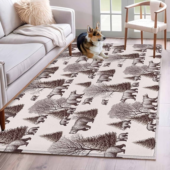 Area Rug 4x6 Ft, Brown Bear Non Slip Area Rugs for Bedroom, Hunting Bear Forest Wildlife Animals Vintage Washable Low Pile Indoor Throw Carpet for Home Office Study Room Dining Room Nursery