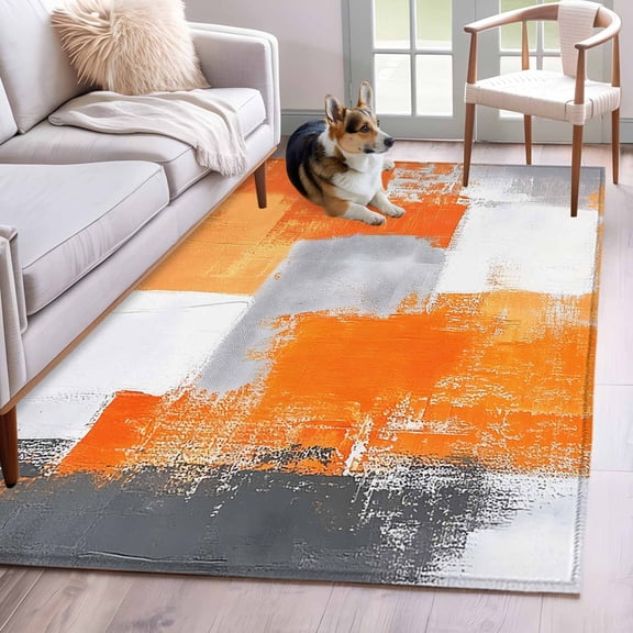 Area Rug 4x6 Ft, Burnt Orange Grey Non Slip Area Rugs for Bedroom, Modern Oil Painted Abstract Art Washable Low Pile Indoor Throw Carpet for Home Office Study Room Dining Room Nursery
