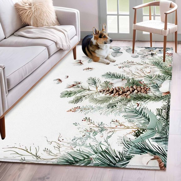 Area Rug 4x6 Ft, Christmas Botanical Non Slip Area Rugs for Bedroom, Pinecone Eucalyptus Leaves Xmas Washable Low Pile Indoor Throw Carpet for Home Office Study Room Dining Room Nursery