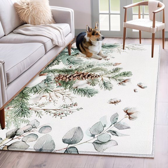 Area Rug 4x6 Ft, Christmas Non Slip Area Rugs for Bedroom, Pinecone Eucalyptus Leaves Xmas Botanical Washable Low Pile Indoor Throw Carpet for Home Office Study Room Dining Room Nursery