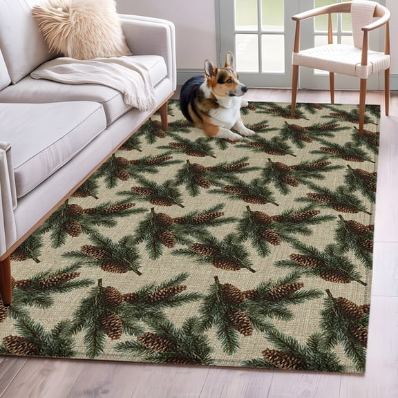 Area Rug 4x6 Ft, Christmas Non Slip Area Rugs for Bedroom, Xmas Pine Cones Botanical Rustic Washable Low Pile Indoor Throw Carpet for Home Office Study Room Dining Room Nursery