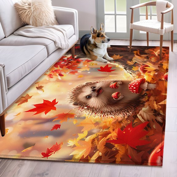 Area Rug 4x6 Ft, Fall Forest Mushroom Non Slip Area Rugs for Bedroom, Orange Red Autumn Maple Leaf Watercolor Washable Low Pile Indoor Throw Carpet for Home Office Study Room Dining Room Nursery