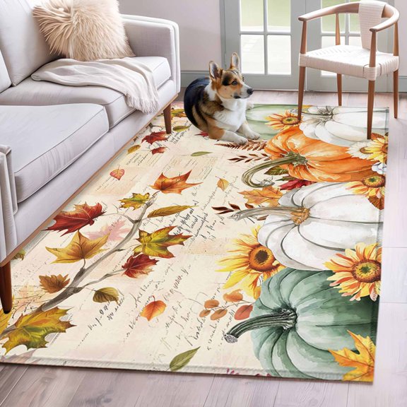 Area Rug 4x6 Ft, Fall Green Orange Pumpkins Non Slip Area Rugs for Bedroom, Maple Leaf Tree Thanksgiving Washable Low Pile Indoor Throw Carpet for Home Office Study Room Dining Room Nursery