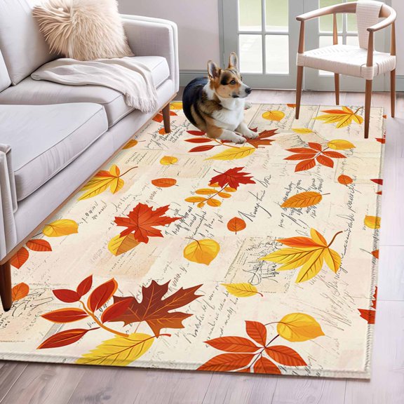 Area Rug 4x6 Ft, Fall Maple Leaves Non Slip Area Rugs for Bedroom, Thanksgiving Botanical Vintage Leaf Washable Low Pile Indoor Throw Carpet for Home Office Study Room Dining Room Nursery