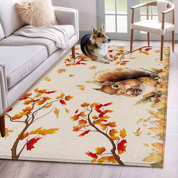 Area Rug 4x6 Ft, Fall Thanksgiving Non Slip Area Rugs for Bedroom, Farm Animals Orange Maple Leaf Rustic Washable Low Pile Indoor Throw Carpet for Home Office Study Room Dining Room Nursery